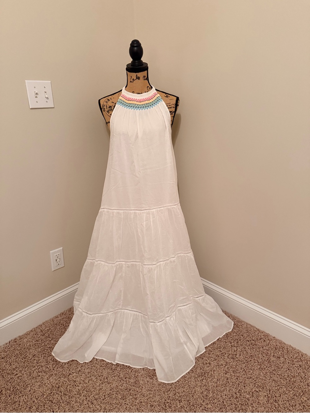 J. Crew White Maxi Dress with Multicolor Neck Detail